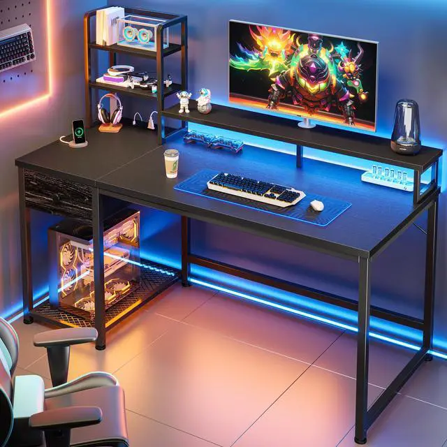 Alt view image 2 of 6 - 44 Inch Gaming Desk with Hutch and Drawers,Reversible Computer Desk with Monitor Shelf,Home Office Desks with USB Power Outlets and Storage,Pc Small Gaming Desk for Office with LED Lights,Black