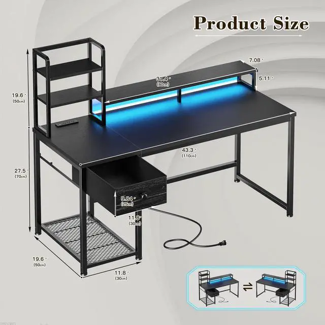 Alt view image 3 of 6 - 44 Inch Gaming Desk with Hutch and Drawers,Reversible Computer Desk with Monitor Shelf,Home Office Desks with USB Power Outlets and Storage,Pc Small Gaming Desk for Office with LED Lights,Black