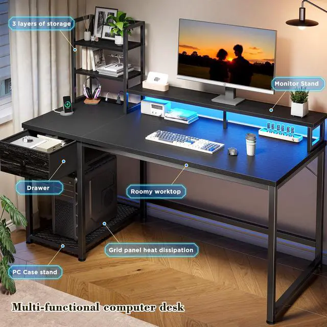 Alt view image 5 of 6 - 44 Inch Gaming Desk with Hutch and Drawers,Reversible Computer Desk with Monitor Shelf,Home Office Desks with USB Power Outlets and Storage,Pc Small Gaming Desk for Office with LED Lights,Black
