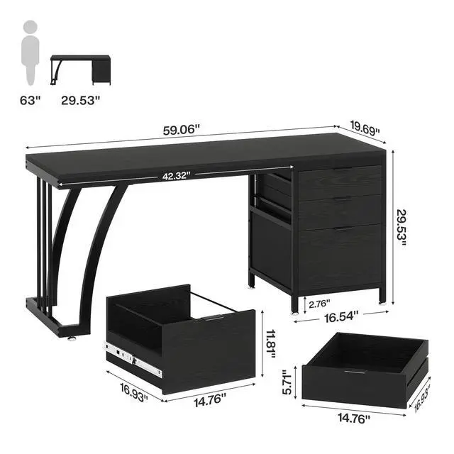 Alt view image 2 of 6 - Computer Desk with 3 Drawers, 59-Inch PC Desk with Reversible Drawers, Industrial Study Writing Table Workstation with File Storage for Home Office (Black)