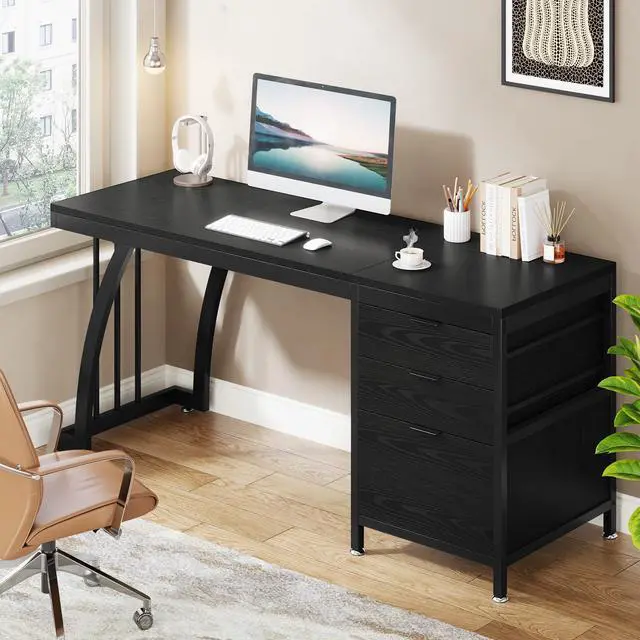 Alt view image 3 of 6 - Computer Desk with 3 Drawers, 59-Inch PC Desk with Reversible Drawers, Industrial Study Writing Table Workstation with File Storage for Home Office (Black)
