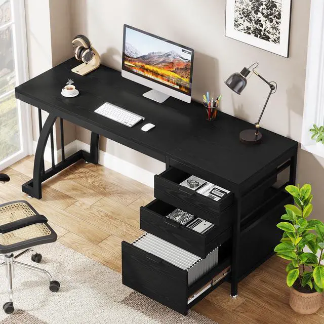 Alt view image 4 of 6 - Computer Desk with 3 Drawers, 59-Inch PC Desk with Reversible Drawers, Industrial Study Writing Table Workstation with File Storage for Home Office (Black)