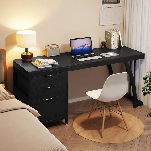 Alt view image 5 of 6 - Computer Desk with 3 Drawers, 59-Inch PC Desk with Reversible Drawers, Industrial Study Writing Table Workstation with File Storage for Home Office (Black)