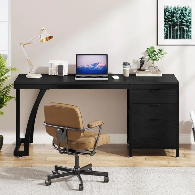 Alt view image 6 of 6 - Computer Desk with 3 Drawers, 59-Inch PC Desk with Reversible Drawers, Industrial Study Writing Table Workstation with File Storage for Home Office (Black)
