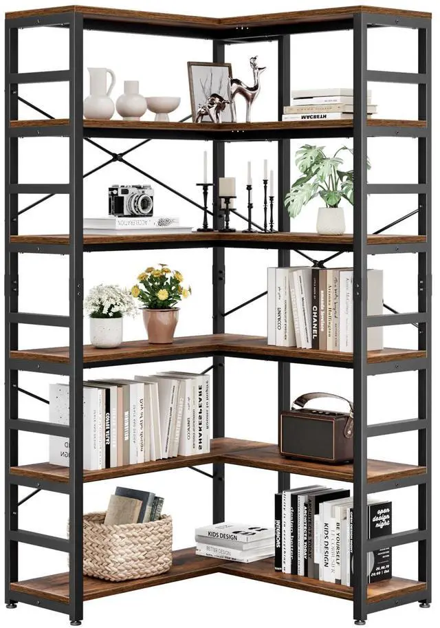Main image of 6 Tier Corner Bookshelf, Modern Corner Bookcase, Large Open Shelf Bookcase, Tall Bookshelves Storage Display Rack for Bedroom, Living Room and Home Office, Vintage
