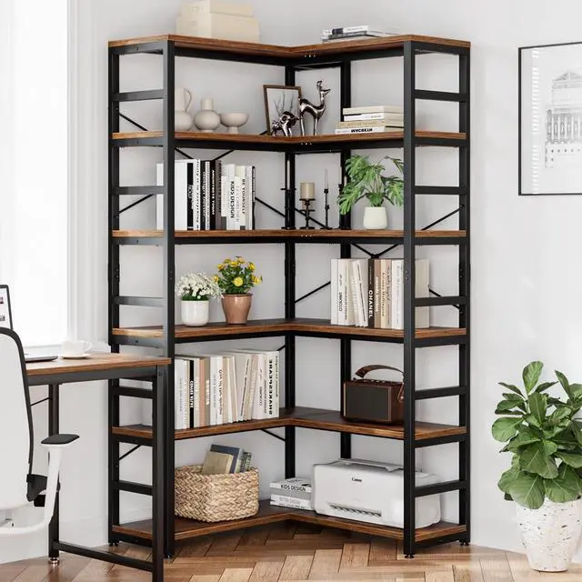Alt view image 2 of 6 - 6 Tier Corner Bookshelf, Modern Corner Bookcase, Large Open Shelf Bookcase, Tall Bookshelves Storage Display Rack for Bedroom, Living Room and Home Office, Vintage