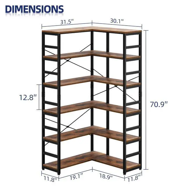 Alt view image 3 of 6 - 6 Tier Corner Bookshelf, Modern Corner Bookcase, Large Open Shelf Bookcase, Tall Bookshelves Storage Display Rack for Bedroom, Living Room and Home Office, Vintage