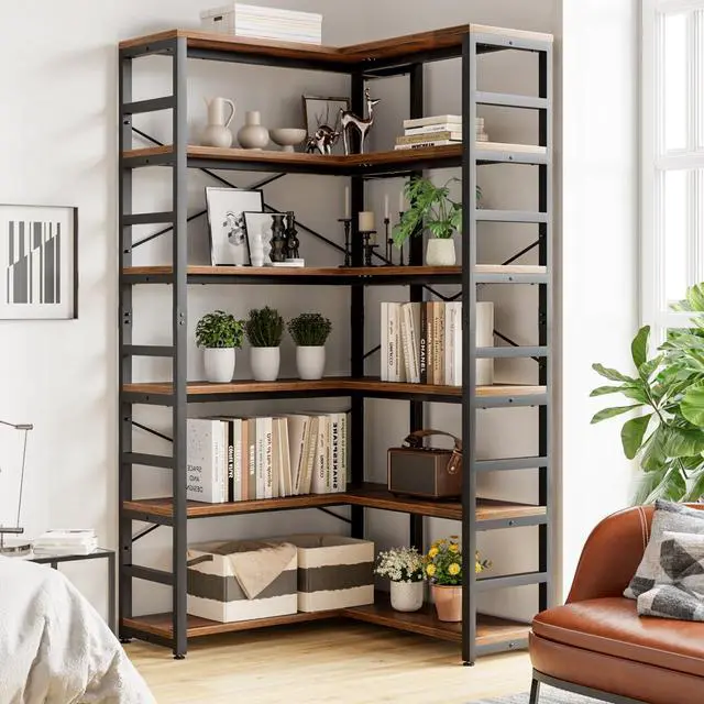 Alt view image 4 of 6 - 6 Tier Corner Bookshelf, Modern Corner Bookcase, Large Open Shelf Bookcase, Tall Bookshelves Storage Display Rack for Bedroom, Living Room and Home Office, Vintage