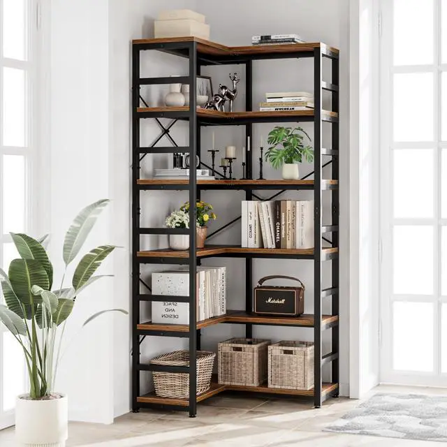 Alt view image 5 of 6 - 6 Tier Corner Bookshelf, Modern Corner Bookcase, Large Open Shelf Bookcase, Tall Bookshelves Storage Display Rack for Bedroom, Living Room and Home Office, Vintage