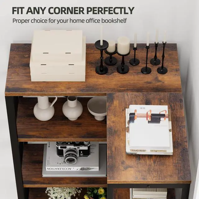 Alt view image 6 of 6 - 6 Tier Corner Bookshelf, Modern Corner Bookcase, Large Open Shelf Bookcase, Tall Bookshelves Storage Display Rack for Bedroom, Living Room and Home Office, Vintage