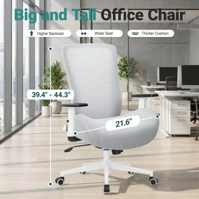 Alt view image 6 of 6 - Big and Tall Home Office Desk Chair 400lb Capacity for Heavy People, Ergonomic Wide Mesh Desk Chair with Stepless Recline & Lock, 5.5" Thick Cushion, High Back, Adjustable Height & Armrests