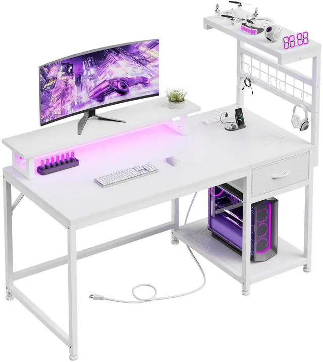 Main image of 40" Computer Desk with Drawer & Storage Shelves, Gaming Desk with Monitor Stand, LED Lights & Power Outlets for Living Room, Study Room, Bedroom, White