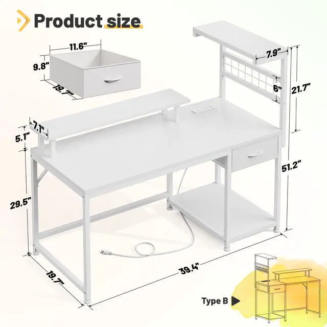 Alt view image 2 of 6 - 40" Computer Desk with Drawer & Storage Shelves, Gaming Desk with Monitor Stand, LED Lights & Power Outlets for Living Room, Study Room, Bedroom, White