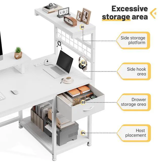 Alt view image 3 of 6 - 40" Computer Desk with Drawer & Storage Shelves, Gaming Desk with Monitor Stand, LED Lights & Power Outlets for Living Room, Study Room, Bedroom, White