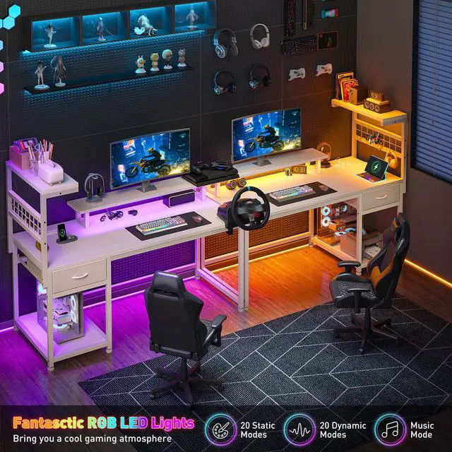 Alt view image 6 of 6 - 40" Computer Desk with Drawer & Storage Shelves, Gaming Desk with Monitor Stand, LED Lights & Power Outlets for Living Room, Study Room, Bedroom, White