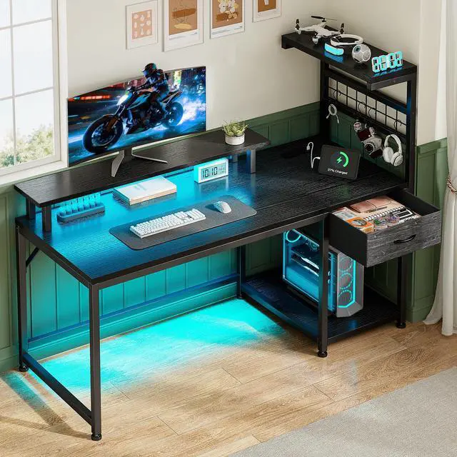Main image of 48" Gaming Desk with LED Lights & Power Outlets, Home Office Desk with Monitor Stand, Computer Desk with Drawer & Storage Shelves for Living Room, Study Room, Gaming Room, Black