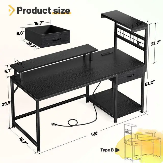 Alt view image 2 of 6 - 48" Gaming Desk with LED Lights & Power Outlets, Home Office Desk with Monitor Stand, Computer Desk with Drawer & Storage Shelves for Living Room, Study Room, Gaming Room, Black
