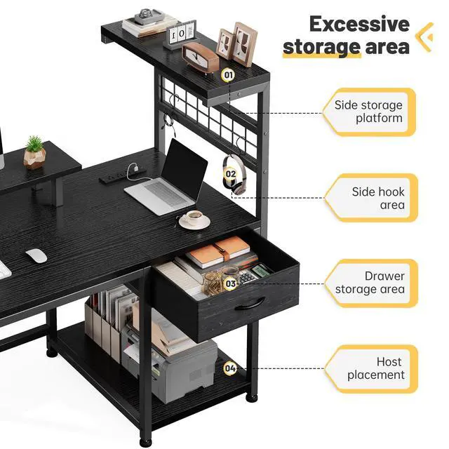 Alt view image 3 of 6 - 48" Gaming Desk with LED Lights & Power Outlets, Home Office Desk with Monitor Stand, Computer Desk with Drawer & Storage Shelves for Living Room, Study Room, Gaming Room, Black