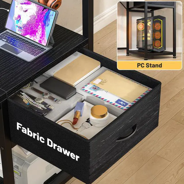 Alt view image 4 of 6 - 48" Gaming Desk with LED Lights & Power Outlets, Home Office Desk with Monitor Stand, Computer Desk with Drawer & Storage Shelves for Living Room, Study Room, Gaming Room, Black
