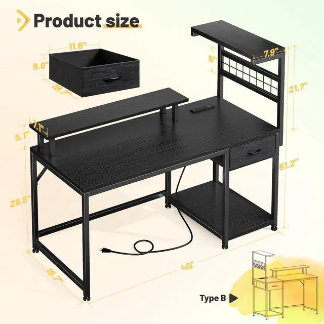 Alt view image 2 of 6 - 40" Gaming Desk with Power Outlets & LED Lights, Computer Desk with Drawer & Storage Shelve, Home Office Desk with Monitor Stand for Living Room, Study Room, Gaming Room, Black