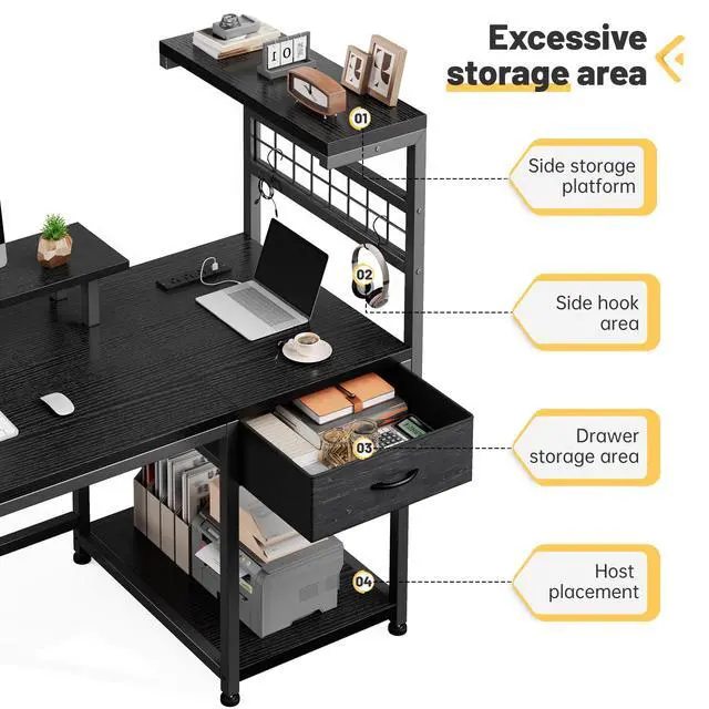 Alt view image 3 of 6 - 40" Gaming Desk with Power Outlets & LED Lights, Computer Desk with Drawer & Storage Shelve, Home Office Desk with Monitor Stand for Living Room, Study Room, Gaming Room, Black