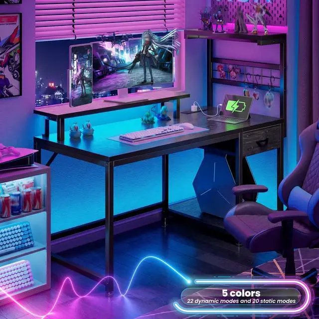 Alt view image 5 of 6 - 40" Gaming Desk with Power Outlets & LED Lights, Computer Desk with Drawer & Storage Shelve, Home Office Desk with Monitor Stand for Living Room, Study Room, Gaming Room, Black