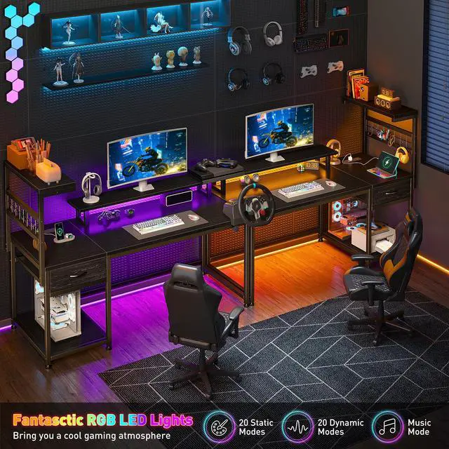 Alt view image 6 of 6 - 40" Gaming Desk with Power Outlets & LED Lights, Computer Desk with Drawer & Storage Shelve, Home Office Desk with Monitor Stand for Living Room, Study Room, Gaming Room, Black