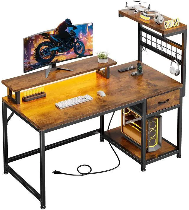 Main image of 40" Computer Desk with Power Outlets & LED Lights, Gaming Desk with Drawer & Storage Shelves, Reversible Home Office Desk with Monitor Stand, for Living, Study Room, Gaming Room, Rustic Brown