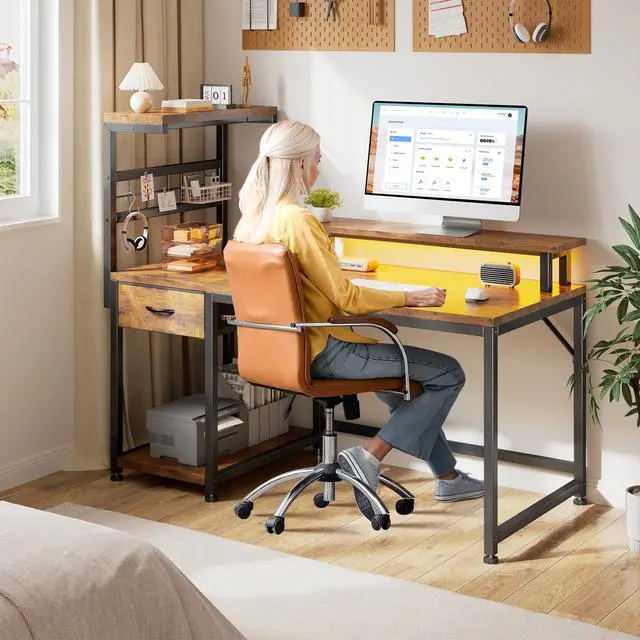 Alt view image 2 of 6 - 40" Computer Desk with Power Outlets & LED Lights, Gaming Desk with Drawer & Storage Shelves, Reversible Home Office Desk with Monitor Stand, for Living, Study Room, Gaming Room, Rustic Brown