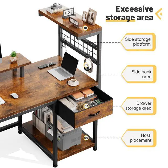 Alt view image 3 of 6 - 40" Computer Desk with Power Outlets & LED Lights, Gaming Desk with Drawer & Storage Shelves, Reversible Home Office Desk with Monitor Stand, for Living, Study Room, Gaming Room, Rustic Brown