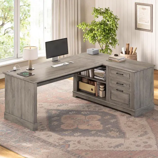 Main image of Executive Desk, 61" Farmhouse L Shaped Desk with File Drawers, Office Desk with Drawers and Power Outlets, Computer Desk with Storage Shelves for Home Office, Grey