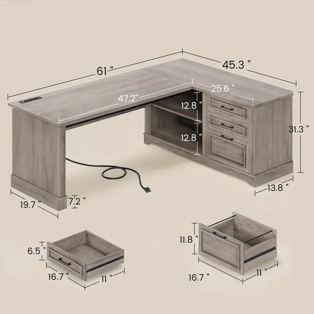 Alt view image 2 of 6 - Executive Desk, 61" Farmhouse L Shaped Desk with File Drawers, Office Desk with Drawers and Power Outlets, Computer Desk with Storage Shelves for Home Office, Grey