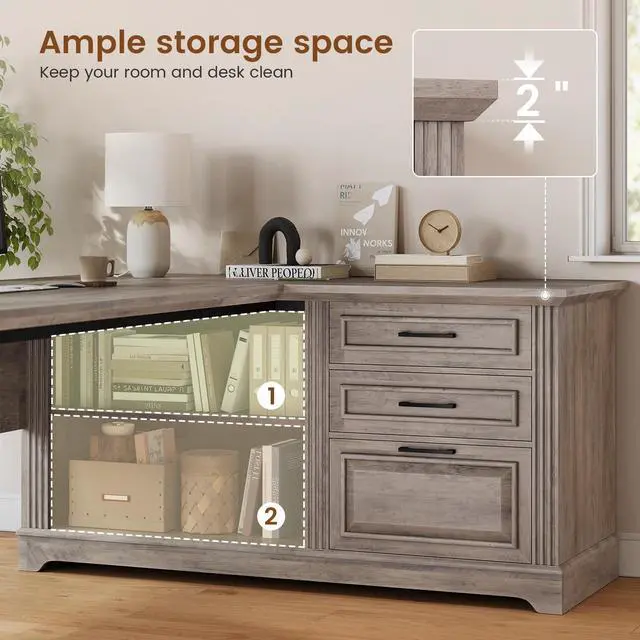 Alt view image 3 of 6 - Executive Desk, 61" Farmhouse L Shaped Desk with File Drawers, Office Desk with Drawers and Power Outlets, Computer Desk with Storage Shelves for Home Office, Grey