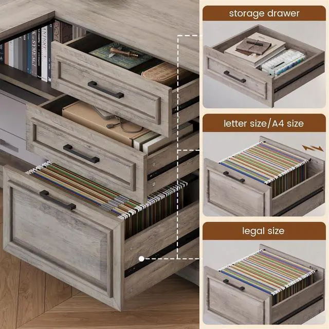Alt view image 4 of 6 - Executive Desk, 61" Farmhouse L Shaped Desk with File Drawers, Office Desk with Drawers and Power Outlets, Computer Desk with Storage Shelves for Home Office, Grey