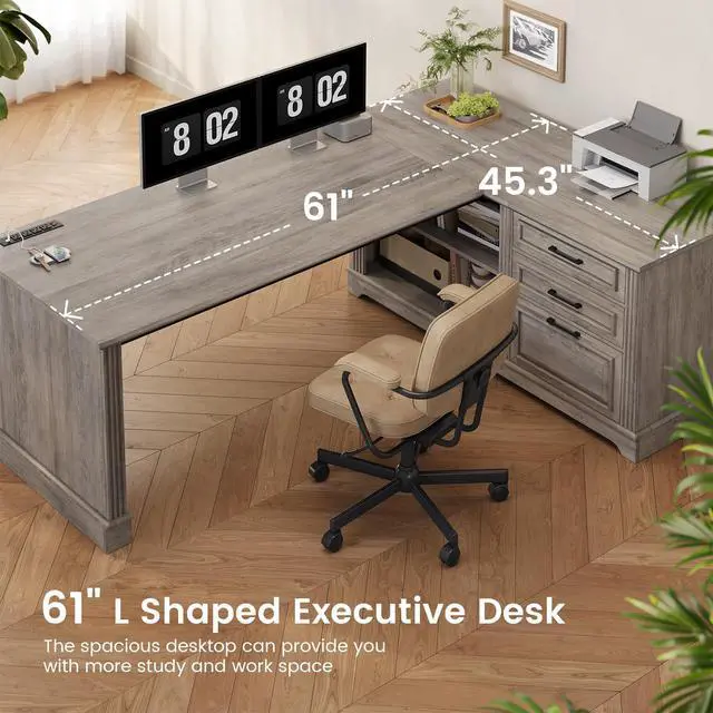 Alt view image 6 of 6 - Executive Desk, 61" Farmhouse L Shaped Desk with File Drawers, Office Desk with Drawers and Power Outlets, Computer Desk with Storage Shelves for Home Office, Grey