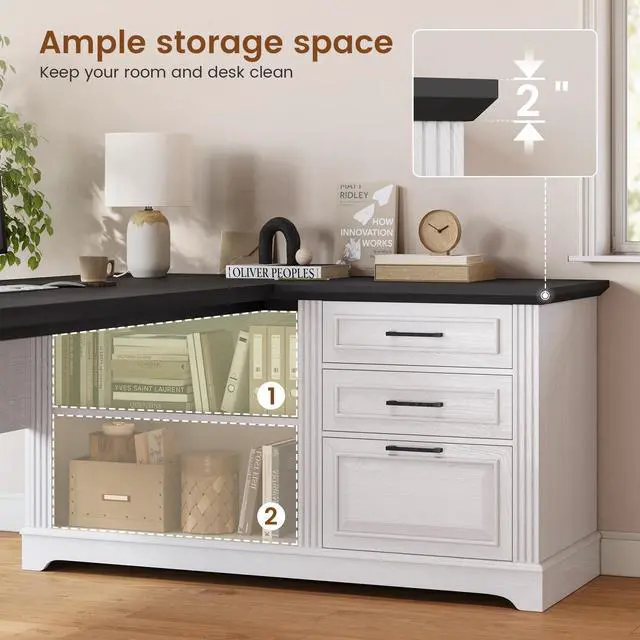 Alt view image 3 of 6 - Farmhouse 61" Executive L Shaped Desk, Home Office Desk with File Drawers, Computer Desk with Power Outlets and Storage Shelves for Home Office, White