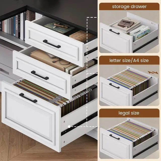 Alt view image 4 of 6 - Farmhouse 61" Executive L Shaped Desk, Home Office Desk with File Drawers, Computer Desk with Power Outlets and Storage Shelves for Home Office, White