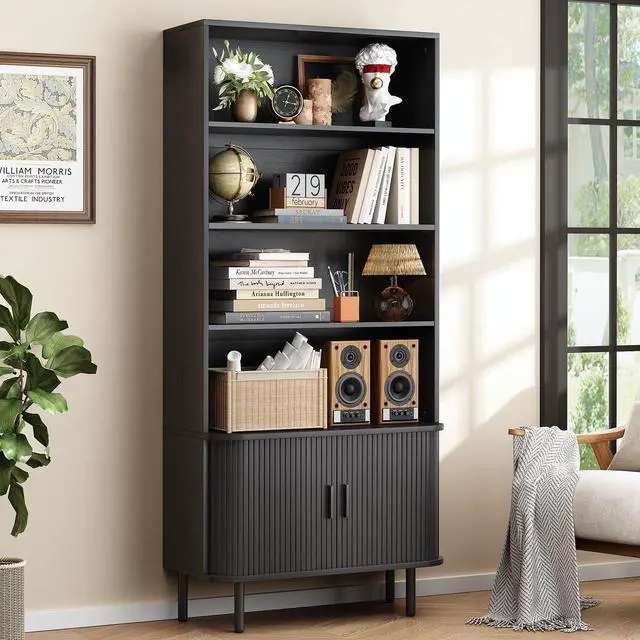 Main image of 71" Tall Bookshelf, 4-Tier Bookcase with Storage Cabinet & Adjustable Shelves, Floor Standing Wooden Bookshelf with Sliding Door and Adjustable Footpad, for Home Office, Living Room, Black