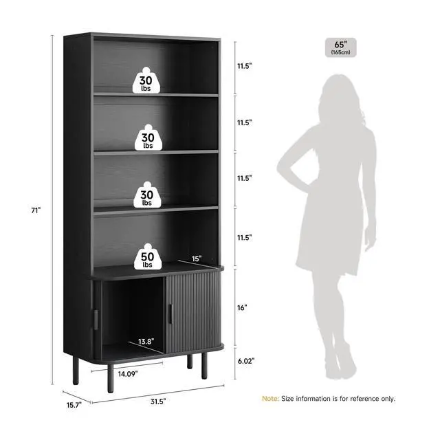 Alt view image 2 of 6 - 71" Tall Bookshelf, 4-Tier Bookcase with Storage Cabinet & Adjustable Shelves, Floor Standing Wooden Bookshelf with Sliding Door and Adjustable Footpad, for Home Office, Living Room, Black