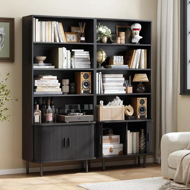 Alt view image 3 of 6 - 71" Tall Bookshelf, 4-Tier Bookcase with Storage Cabinet & Adjustable Shelves, Floor Standing Wooden Bookshelf with Sliding Door and Adjustable Footpad, for Home Office, Living Room, Black