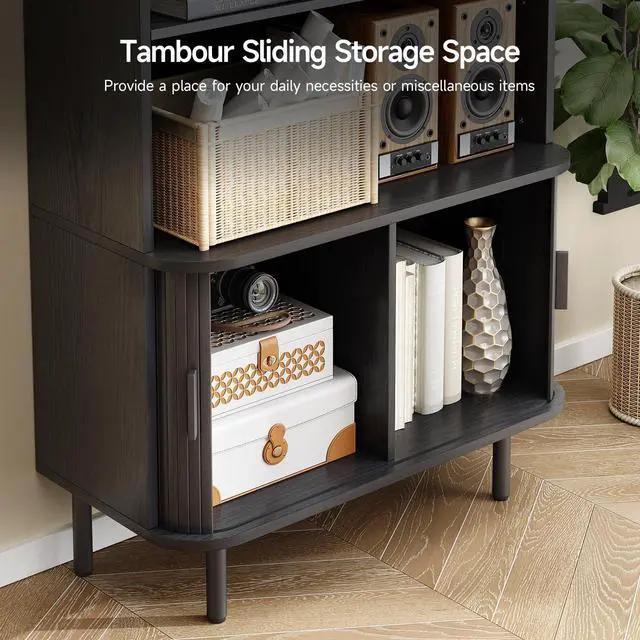 Alt view image 4 of 6 - 71" Tall Bookshelf, 4-Tier Bookcase with Storage Cabinet & Adjustable Shelves, Floor Standing Wooden Bookshelf with Sliding Door and Adjustable Footpad, for Home Office, Living Room, Black