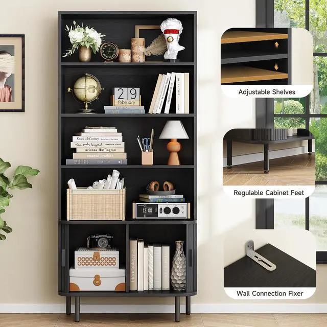 Alt view image 5 of 6 - 71" Tall Bookshelf, 4-Tier Bookcase with Storage Cabinet & Adjustable Shelves, Floor Standing Wooden Bookshelf with Sliding Door and Adjustable Footpad, for Home Office, Living Room, Black