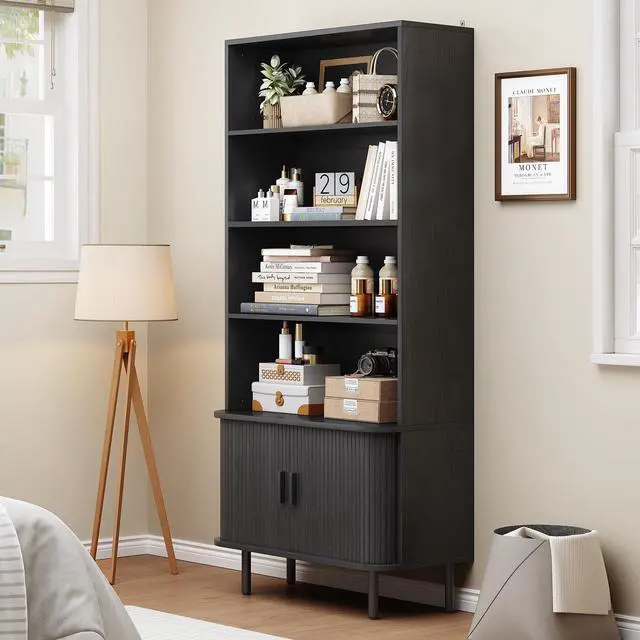 Alt view image 6 of 6 - 71" Tall Bookshelf, 4-Tier Bookcase with Storage Cabinet & Adjustable Shelves, Floor Standing Wooden Bookshelf with Sliding Door and Adjustable Footpad, for Home Office, Living Room, Black