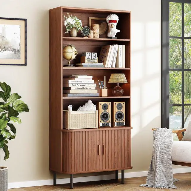 Main image of 71" Tall Bookshelf, 4-Tier Bookcase with Storage Cabinet & Adjustable Storage Shelf, Freestanding Wood Bookshelf with Sliding Door and Adjustable Footpad, for Home Office, Living Room, Walnut