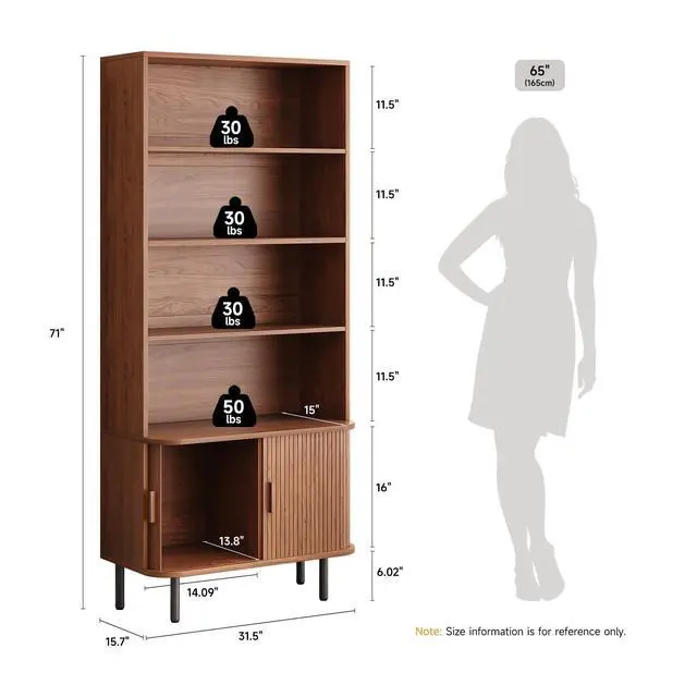 Alt view image 2 of 6 - 71" Tall Bookshelf, 4-Tier Bookcase with Storage Cabinet & Adjustable Storage Shelf, Freestanding Wood Bookshelf with Sliding Door and Adjustable Footpad, for Home Office, Living Room, Walnut