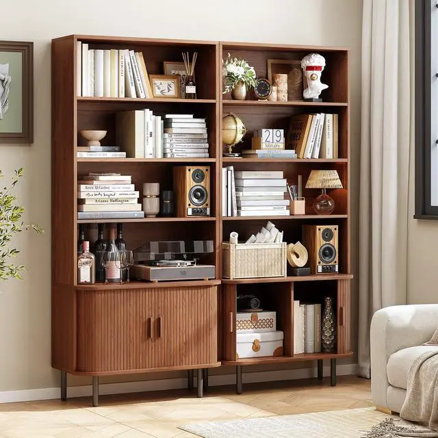 Alt view image 3 of 6 - 71" Tall Bookshelf, 4-Tier Bookcase with Storage Cabinet & Adjustable Storage Shelf, Freestanding Wood Bookshelf with Sliding Door and Adjustable Footpad, for Home Office, Living Room, Walnut
