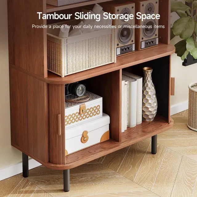 Alt view image 4 of 6 - 71" Tall Bookshelf, 4-Tier Bookcase with Storage Cabinet & Adjustable Storage Shelf, Freestanding Wood Bookshelf with Sliding Door and Adjustable Footpad, for Home Office, Living Room, Walnut