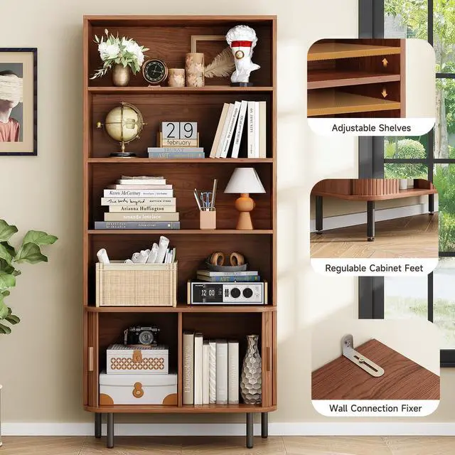 Alt view image 5 of 6 - 71" Tall Bookshelf, 4-Tier Bookcase with Storage Cabinet & Adjustable Storage Shelf, Freestanding Wood Bookshelf with Sliding Door and Adjustable Footpad, for Home Office, Living Room, Walnut