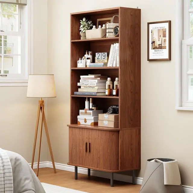Alt view image 6 of 6 - 71" Tall Bookshelf, 4-Tier Bookcase with Storage Cabinet & Adjustable Storage Shelf, Freestanding Wood Bookshelf with Sliding Door and Adjustable Footpad, for Home Office, Living Room, Walnut