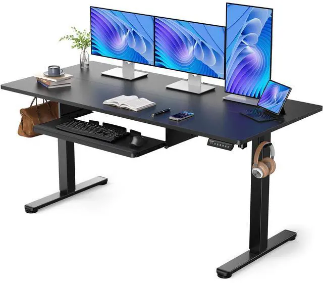 Main image of Large Electric Standing Desk with Keyboard Tray, 63x28 Inches Adjustable Height Sit Stand Up Desk, Home Office Desk Computer Workstation, Black